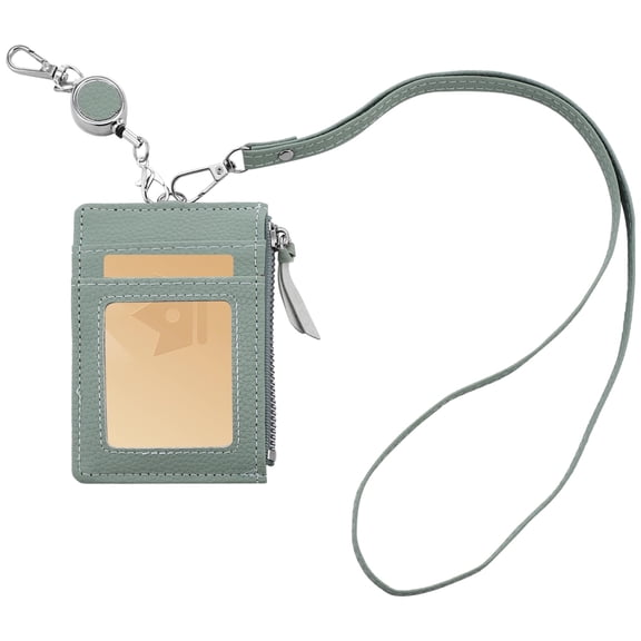 Lanyard Badge Holder, PU Leather ID Badge Card Holder Wallet with 1 Clear ID Window, 3 Card Slots and 1 Zipper Pocket, Fashion Small Wallet for Women Men