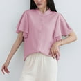 thumbnail image 6 of WREESH Women's Chiffon Button Down Shirt Summer Elegant Mandarin Collar Ruffle Sleeve Loose Blouse, 6 of 7