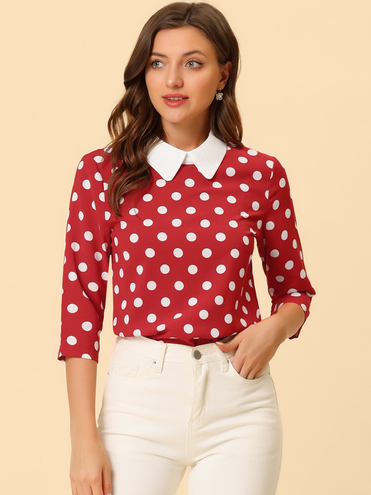 DARING DIVA Blouses 3/4 Sleeves Solid Office Work Tops S Red White