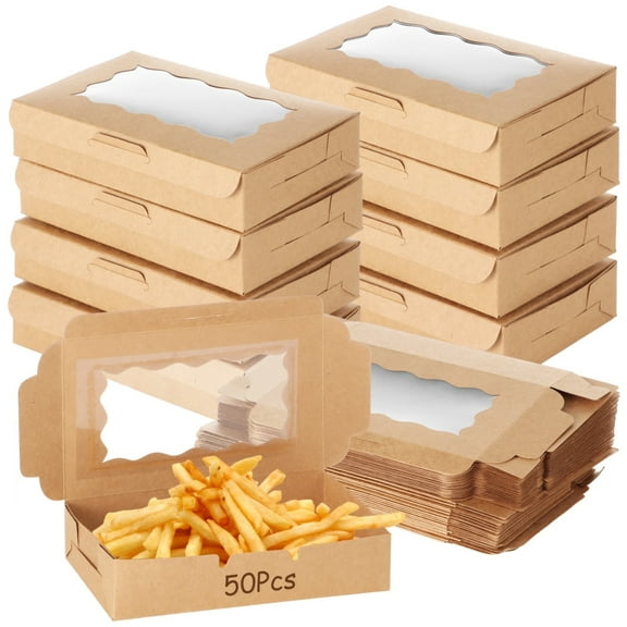 50 Pcs Kraft Food Boxes, Take Out Food Containers, Disposable Kraft Brown Paper Lunch Boxes with Clear Windows, Catering To Go Pastry Boxes, Lunch Meal Boxes for Picnic, Party