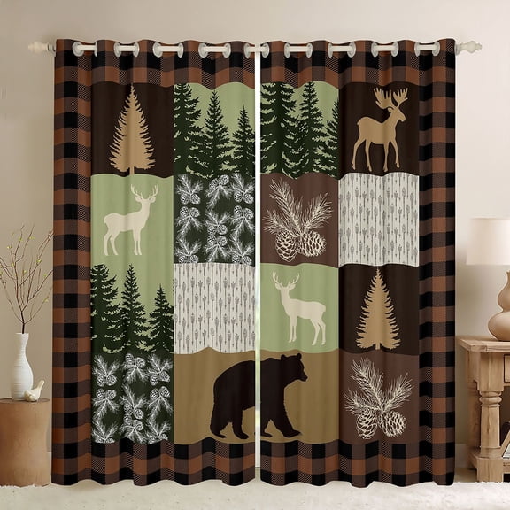Feelyou Farmhouse Moose Bear Curtains Pack of 2 (42x84 Each), Brown Green Stripes Buffalo Curtains Blackout, Rustic Tree Botanical Bedroom Curtains, Curtains and Drapes Decor