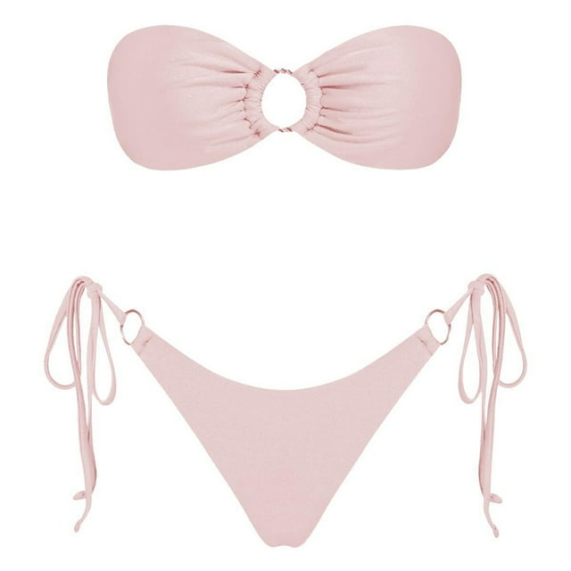 Women Swimsuits Solid Color Strapless Backless Gathering Separate Bikini Pink Bathing Suit for Women M
