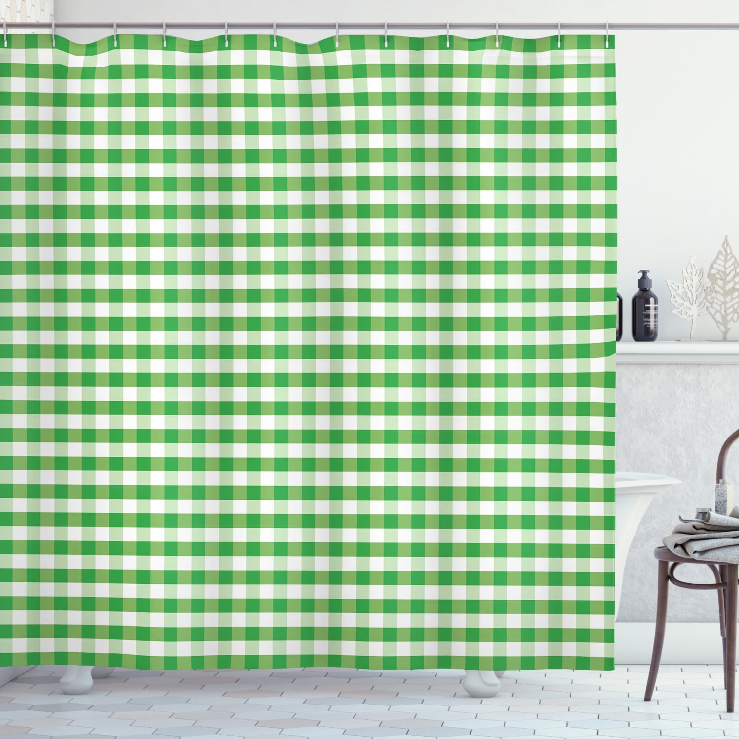 Gingham Shower Curtain, Picnic Blanket Inspired Green and White Plaid