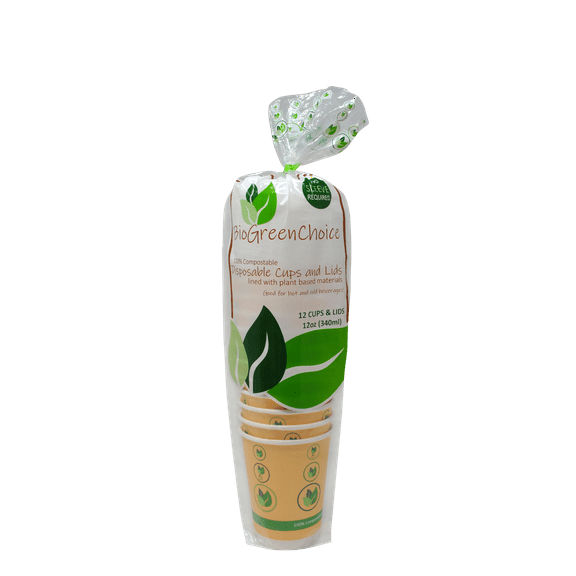 BioGreenChoice 12 oz. Eco-friendly Biodegradable Hot Cup with Bio Lining [144 Count], Double Wall Insulated Disposable Coffee cups with lids- Leak-Proof & Microwave Safe Paper cups