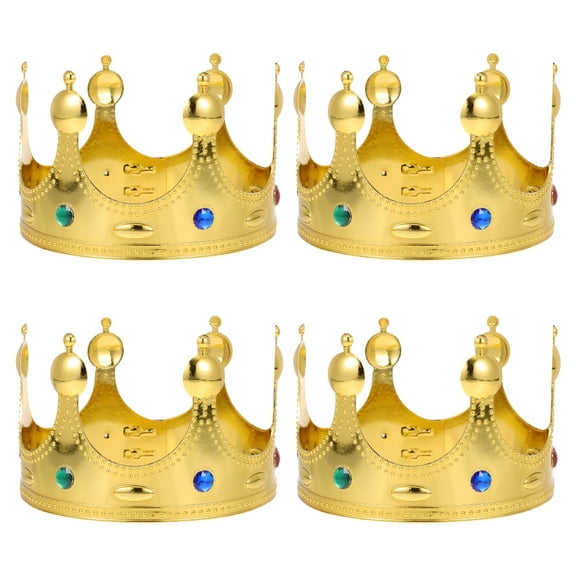 DESIGNICE 4pcs Jeweled King Crown Gold Plastic Crowns for Costume Accessory