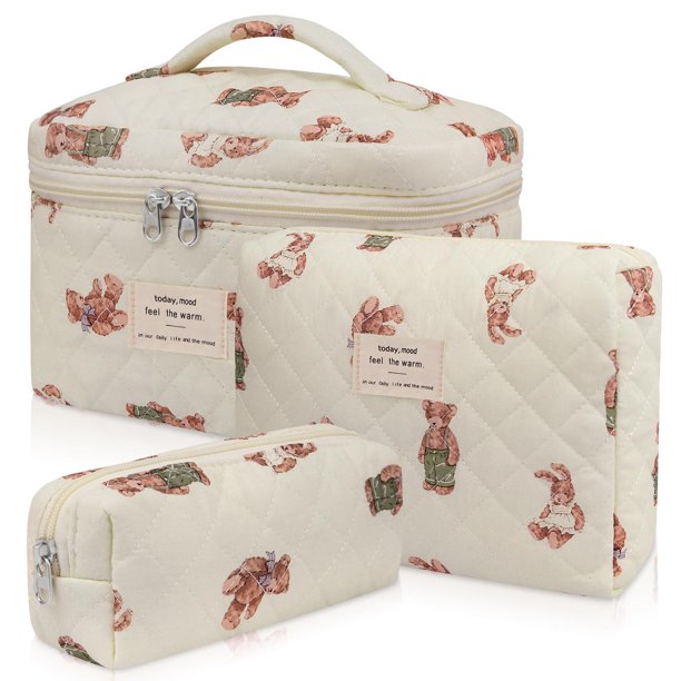 Set de bolsitas de maquillaje Gosect, acolchadas, con estampado floral, 3 unidades, color blanco