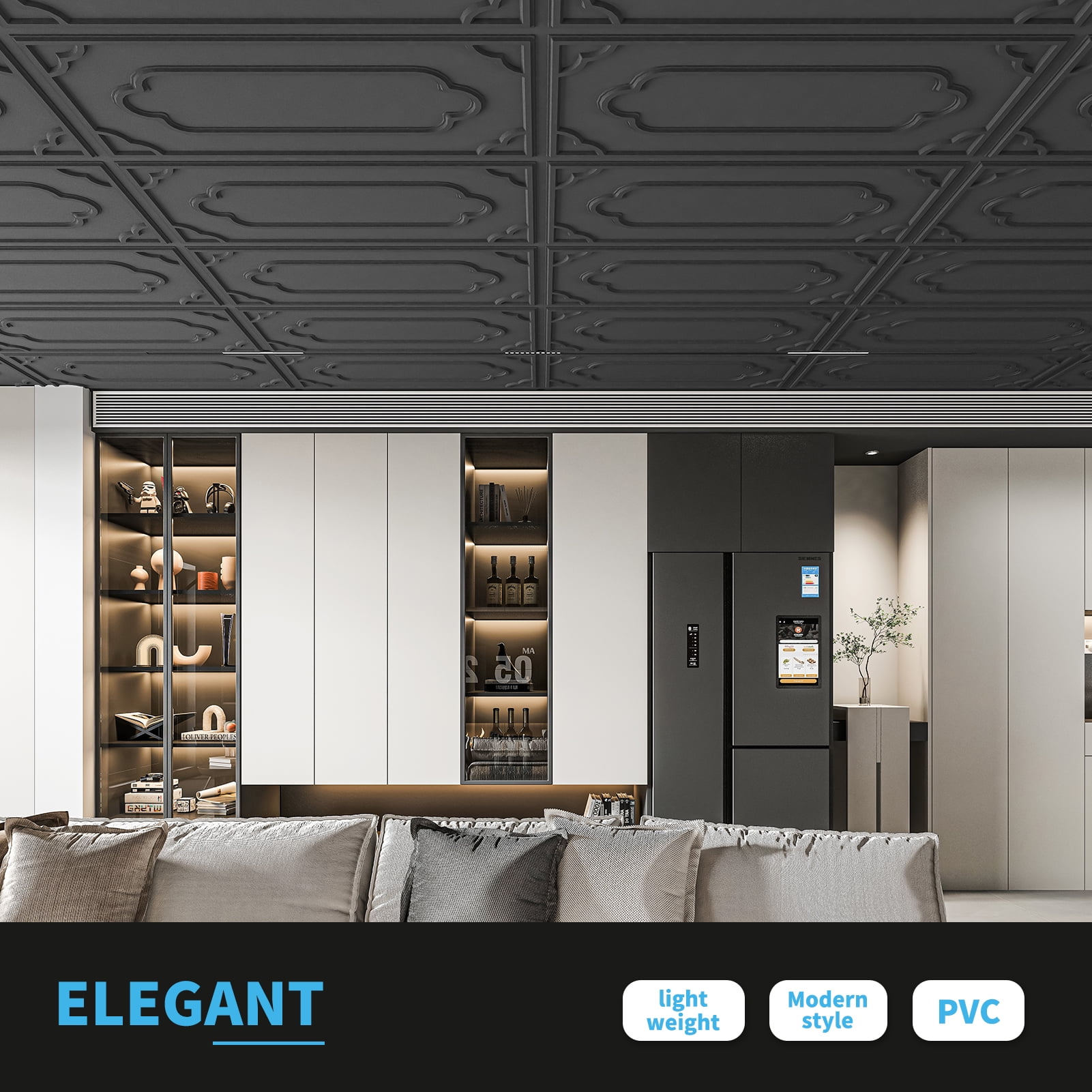 Art3d 12-Pack PVC Drop Ceiling Tiles，24x48in Glue up Ceiling Tile，Cover 96 sq.ft-Black