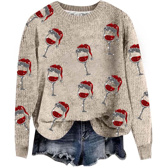 WEAIXIMIUNG Chandails Courts pour Femmes Automne/hiver Mode Chandail d'Extérieur Col Rond Imprimé de Noël Tricot Grossier Chandail à Enfiler Chandail à Capuchon Haut