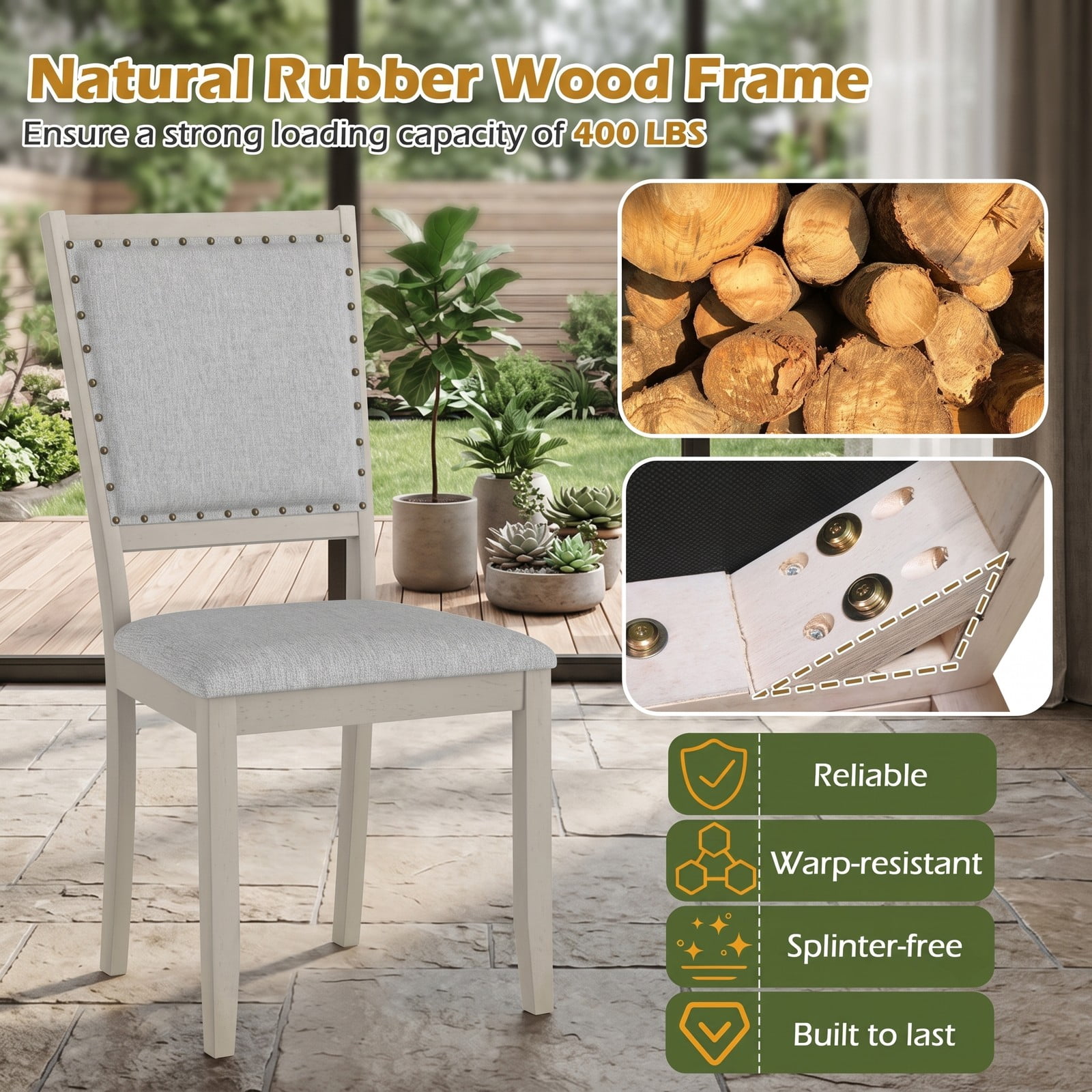 Furnibear Farmhouse Dining Chair Set of 2, Fabric Upholstered Kitchen Chairs with Rubber Wood Frame, Padded Seat and Vintage Nailhead Trim for Dining Room Cafe, Gray