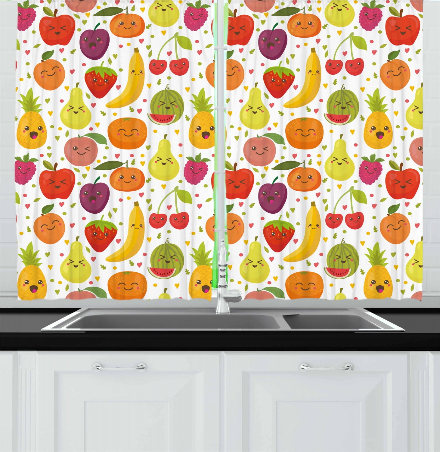 Fruits Curtains 2 Panels Set, Smiling Banana Funny Mulberry Happy