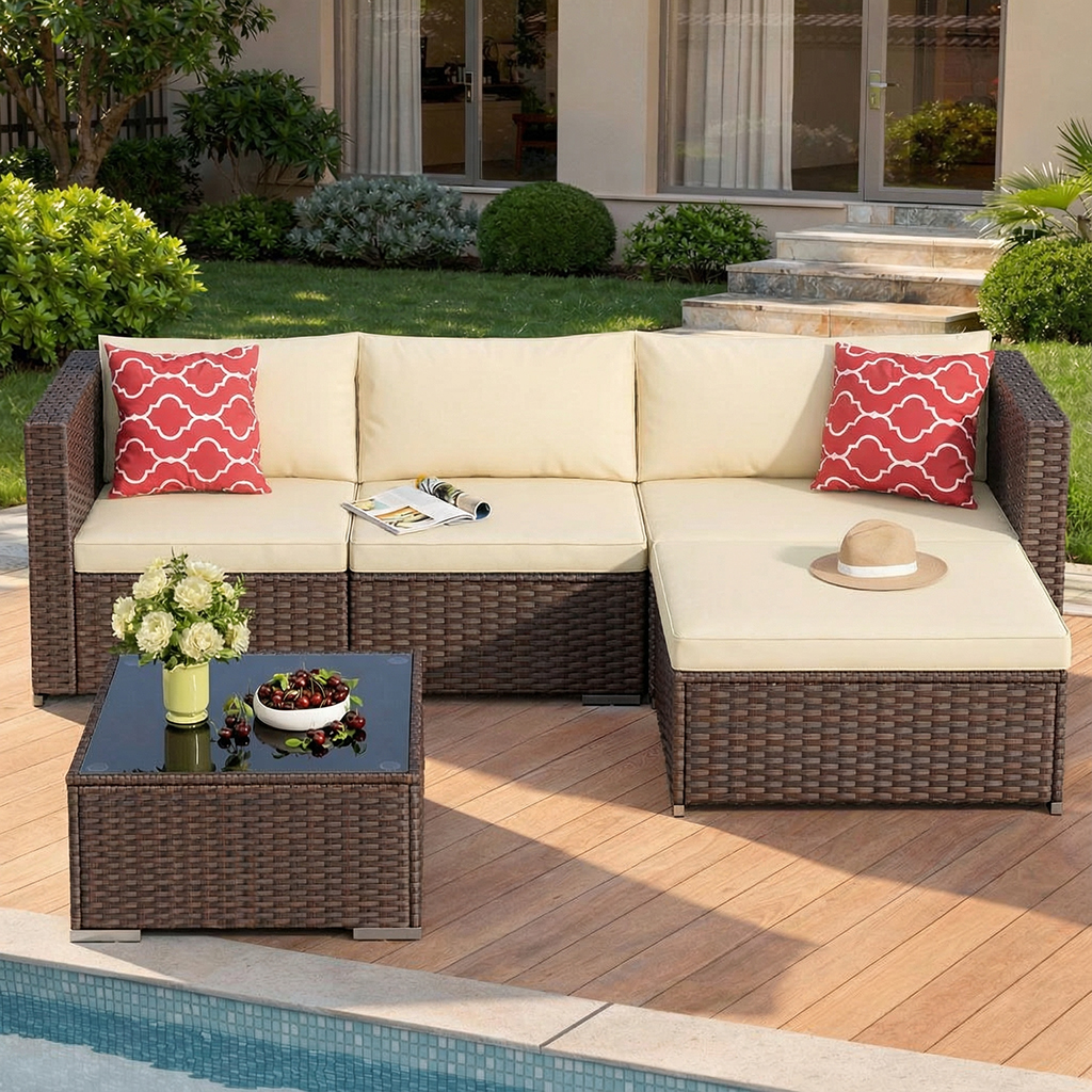 5 PCS Wicker Patio Furniture Set, PE Rattan Outdoor Sectional Sofa with Beige Cushions and Glass Coffee Table, for Backyard, Porch, Poolside & Garden - Brown Rattan, Beige Cushion