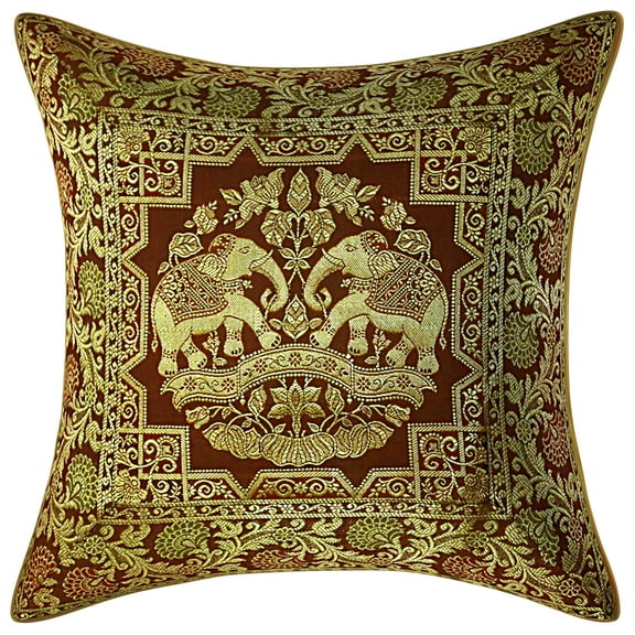 Stylo Culture Indian Coffee Brown And Gold Throw Pillow Covers Zippered Brocade 16x16 Jacquard Weave Banarasi Sofa Throw Pillow Covers Elephant Floral 40x40 cm Decorative Cushion Covers (1 Pc)