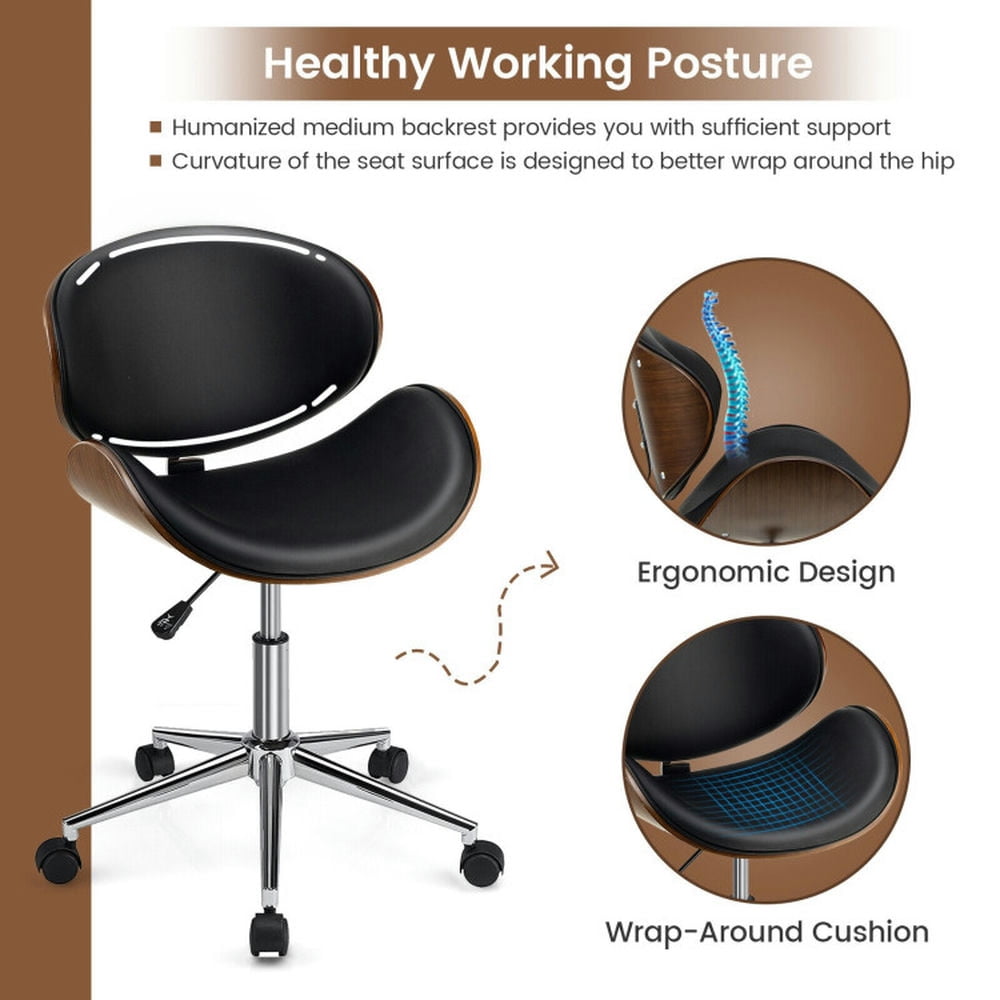 Demi Bonn Adjustable Leather Office Chair Swivel Bentwood Desk Chair with Curved Seat for Home, Bedroom, Study, Black