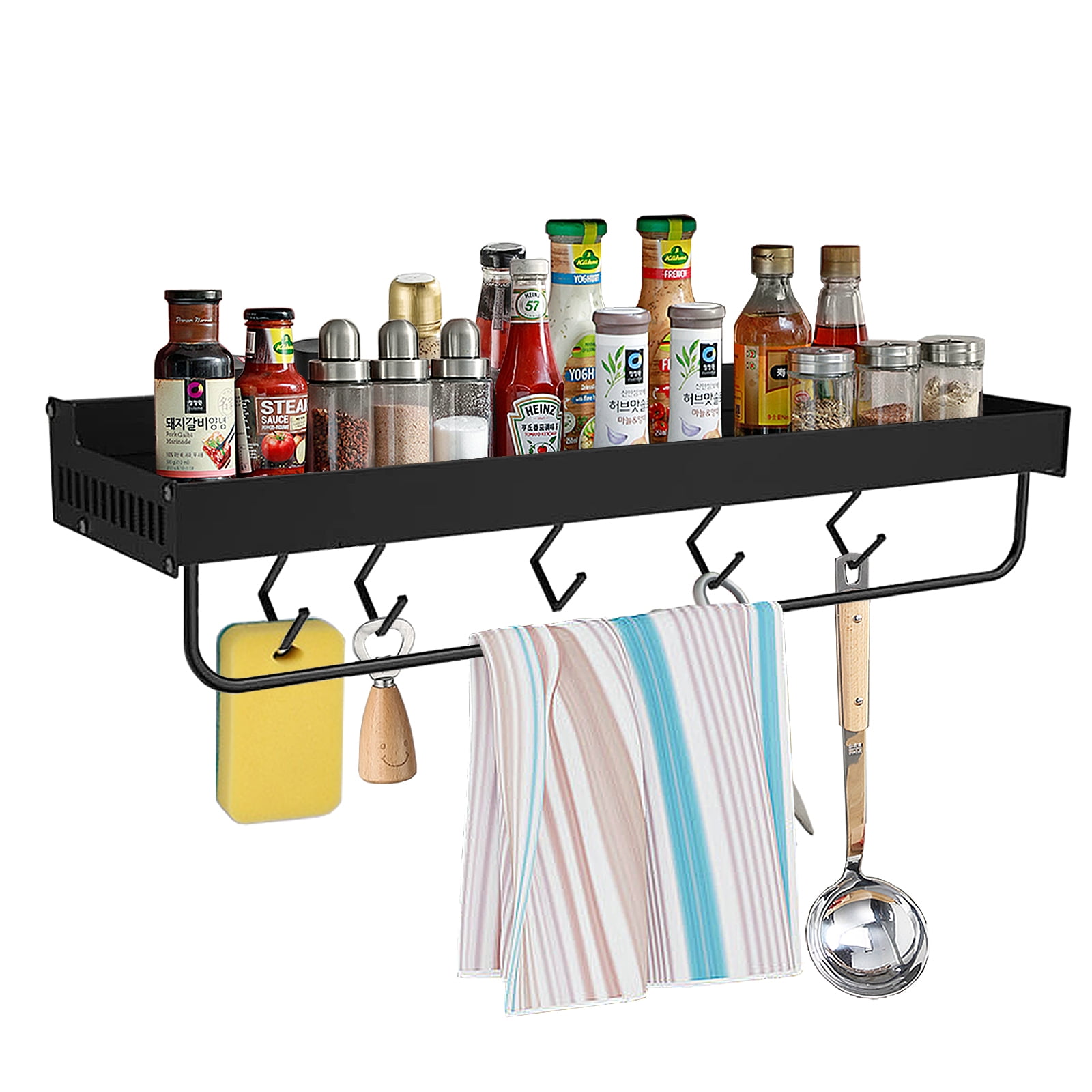Kitchen Utensil Rack, Spice Rack with with Towel Bar and 5 Hooks Wall