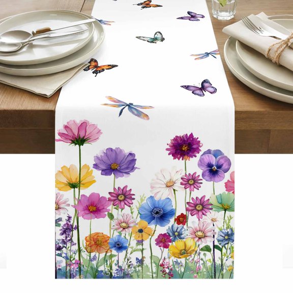 Spring Flowers Table Runner - 120 Inch Long, Kitchen Dining Table Runner Dresser Scarves, Watercolor Butterfly Dragonfly Daisy Country Farmhouse Decor for Coffee Tables Wedding Party Banquet