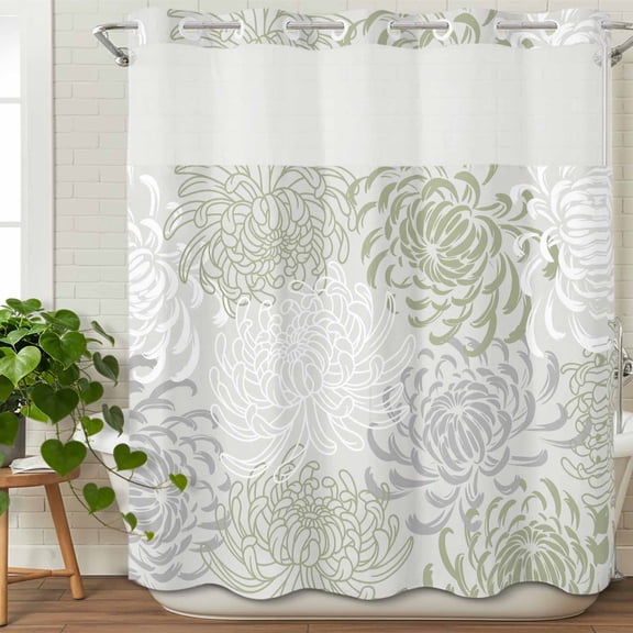 No Hook Shower Curtain with Snap in Fabric Liner Set- Vintage Sage Green Chrysanthemum Bathroom Curtains with See Through Mesh Top Window, Abstract Flower Waterproof Double Shower Curtain 72x72In