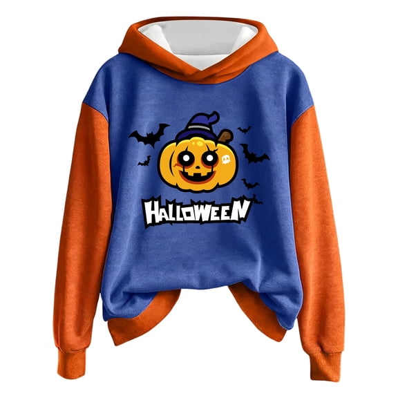 JULMCOMO Halloween Hoodies for Women Cute Cartoon Pumpkin Print Hooded Loose Casual Party Outfits Funny Printed Holiday Comfy Hoodies Blue XL