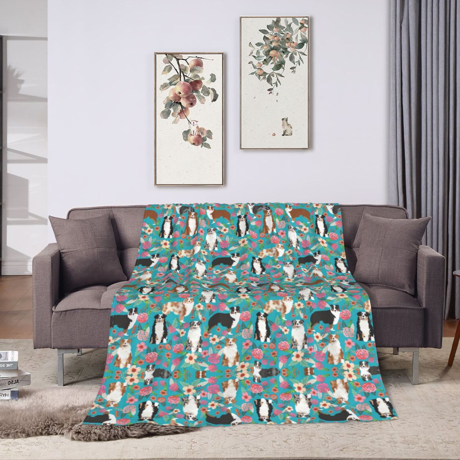 Wijzvio Australian Shepherd Dogs Floral Throw Blanket Soft Fuzzy Fleece Blanket For Couch Bed Living Room Decoration 50"X40"