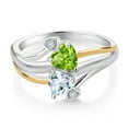 thumbnail image 2 of Gem Stone King 0.93 Ct Green Peridot Sky Blue Aquamarine 925 Silver and 10K Yellow Gold 2 Heart Promise Couple Engagement Mother Lab Grown Diamond Ring (Size 9), 2 of 3