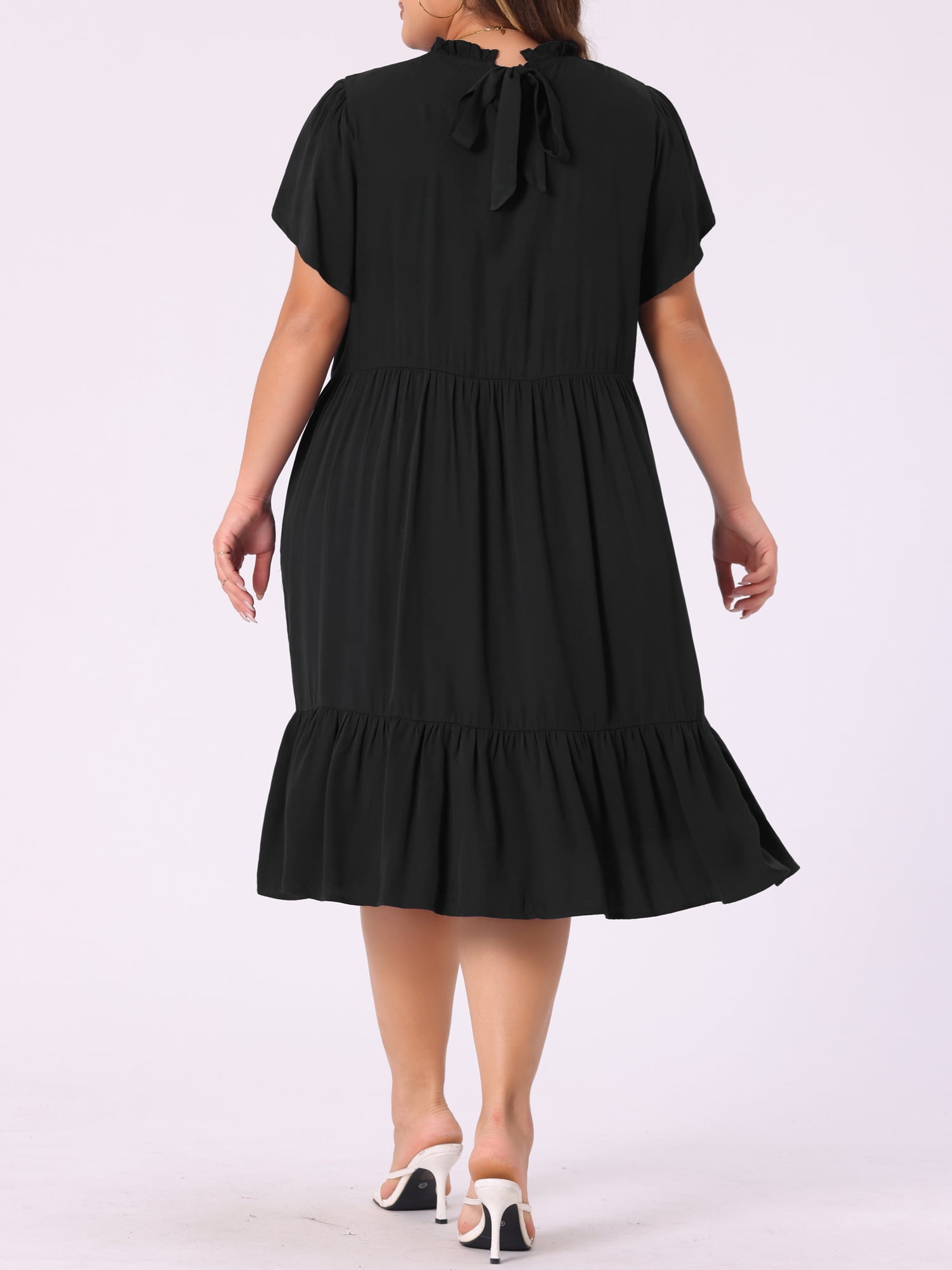 DARING DIVA Women's Plus Size Elegant Tie Back Boat Neck Midi Length Dress 2X Black