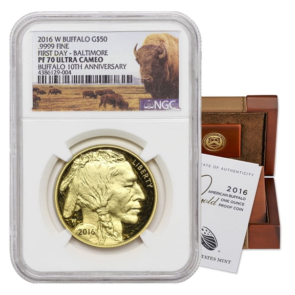 2016-W $50 Gold Buffalo NGC PF70 Ultra Cameo First Day of Issue Baltimore Bison Label with Original Government Packaging U.S. Mint Coin