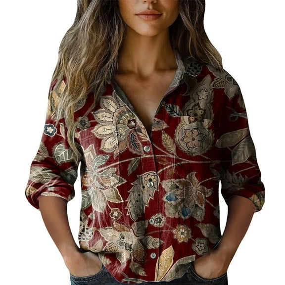 Bovemsi Casual Loose Tops Women's Cotton Shirt Printed Fashionable Button Up Top With Seven Quarter Sleeves Work Shirts