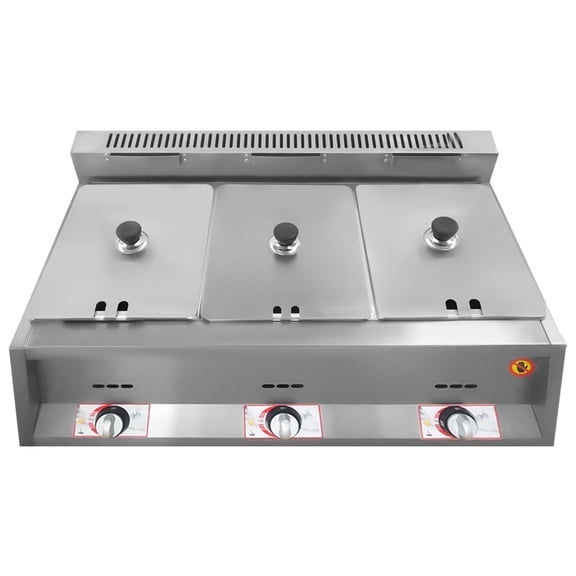Gas Food Heating Pot, 3-Pan Stainless Steel 430 Iron, 2.64 Gallon Capacity Each, Adjustable Burners with Independent Knobs, High Heat Range 122-716°F, Durable Rust and Corrosion Resistant Design