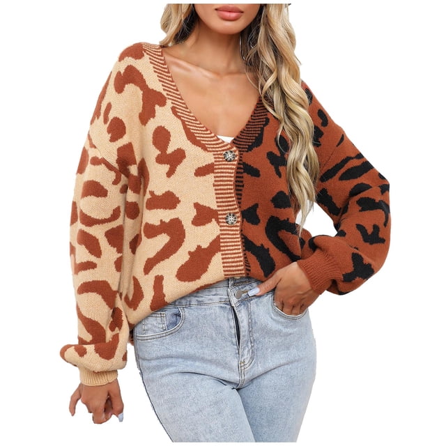 2025 Leopard Print Button Up Chunky Cardigan Long Sleeved Jacket for Long Coat Women Winter Women Long Sleeve Coat Cardigan Long Cardigans for Women Cable Knit Long