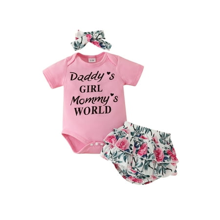 

Suanret 3Pcs Newborn Baby Girls Shorts Sets Short Sleeve Letters Romper Tops + Casual Floral Shorts + Headband Pink 6-9 Months