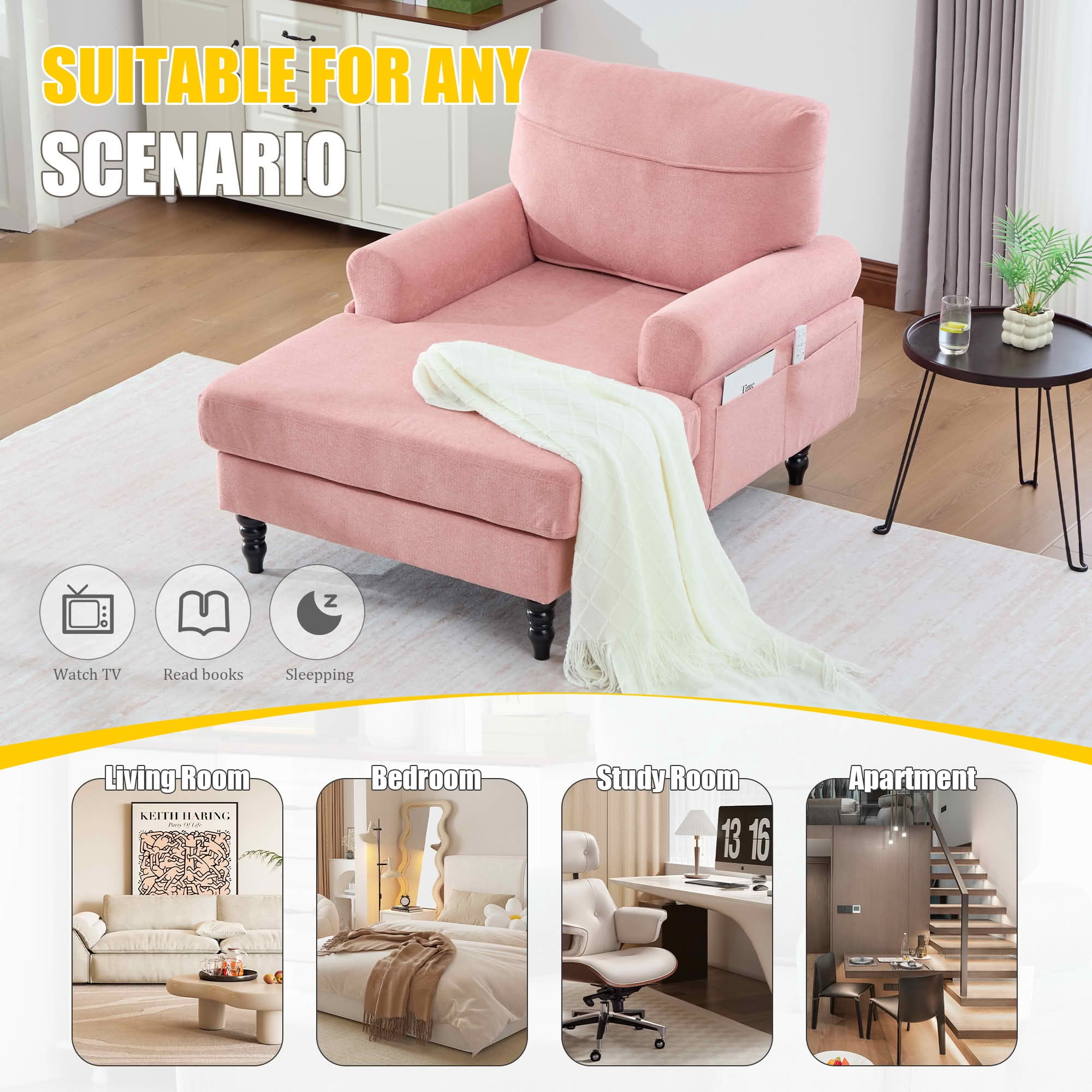 MAYEERTY Modern Minimalist Chenille Chaise Lounge with Armrests & Side Storage Pockets, Wide Seat Single Recliner Sofa with Solid Wood Legs for Living Room Bedroom Office