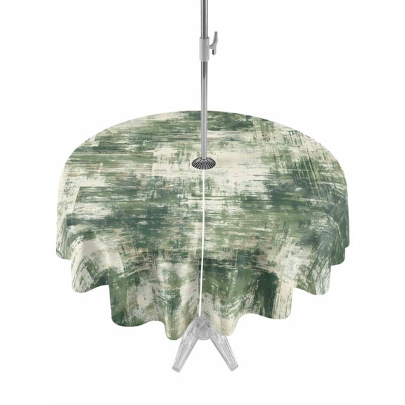 Outdoor Tablecloth with Umbrella Hole and Zipper, Sage Green Ombre Round Table Cloth 54 Inch Waterproof Tablecloth, Gradient Abstract Art Vintage Picnic Table Cover for Patio Camping