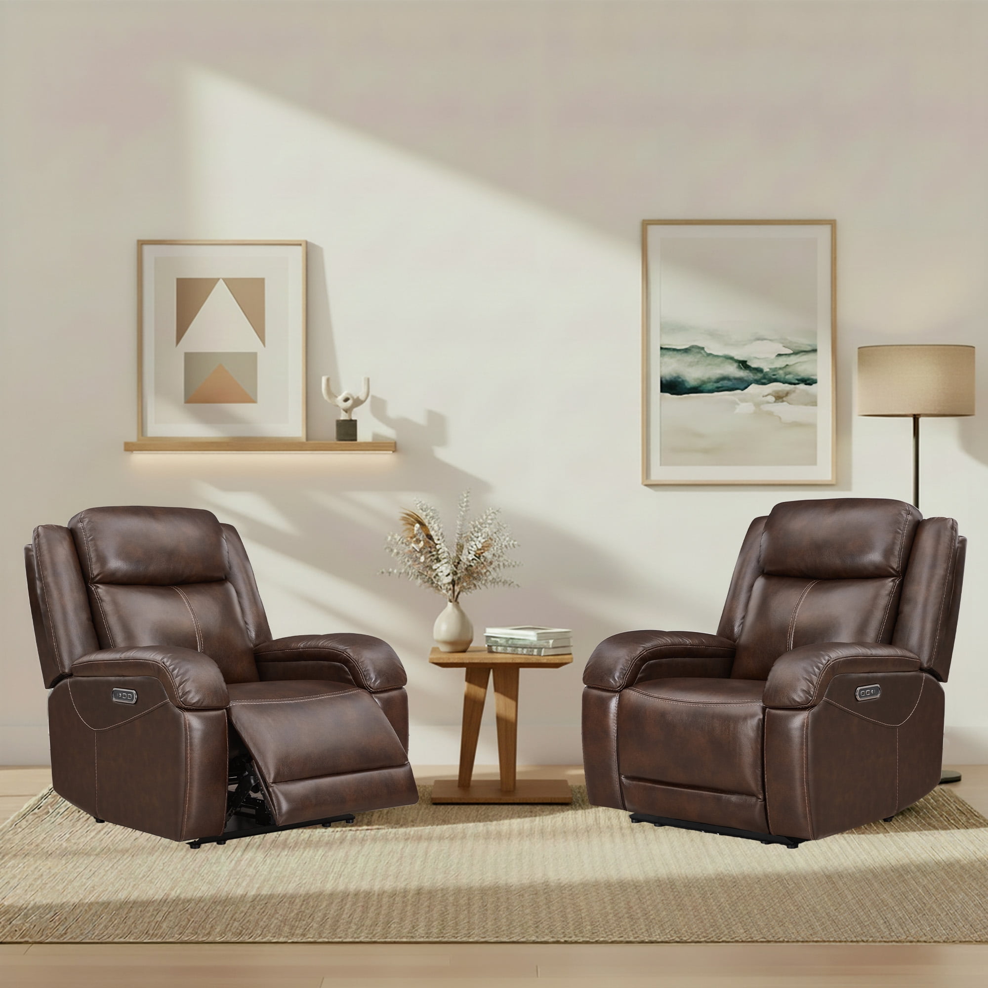 Spruce & Spring Genuine Leather Wall Hugger Power Recliner with Dual Motors, Brown-Medium