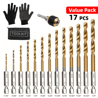 HERFOM 17 PCS Hex Shank Titanium Coated Twist Drill Bit Set for Wood, Plastic, Aluminum, Thin Iron