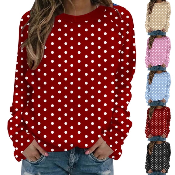 Jsaierl Women's Cute Polka Dot Crewneck Pullover Sweatshirts Long Sleeve Comfortable Fashion Casual Tops S-2XL