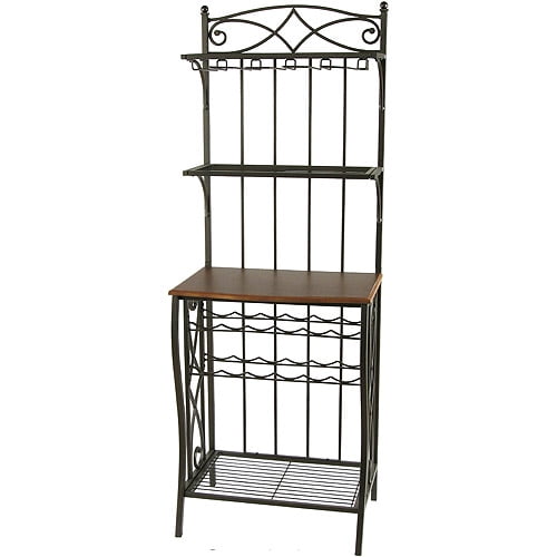 Metal Bakers Rack With Wine Storage Antique Brass Finish
