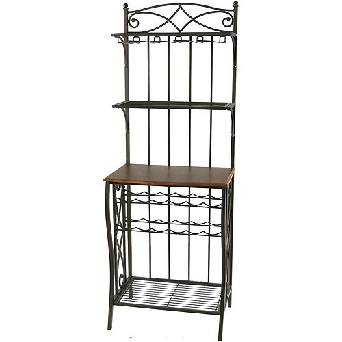Silverwood Metal Bakers Rack with Wine Storage, Antique Brass Finish