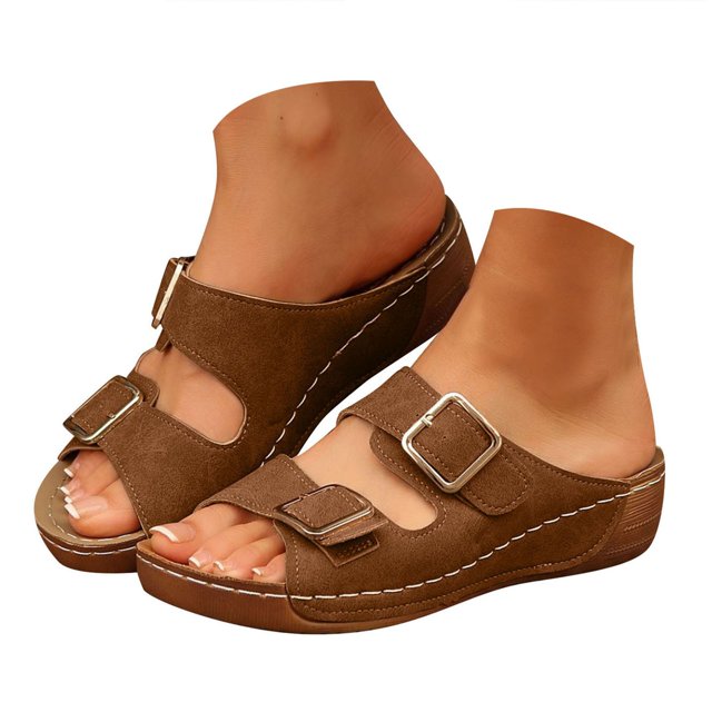 IUJSOY Womens Wedge Sandals Double Buckle Slip on Slippers Comfortable Arch Support Walking Shoes