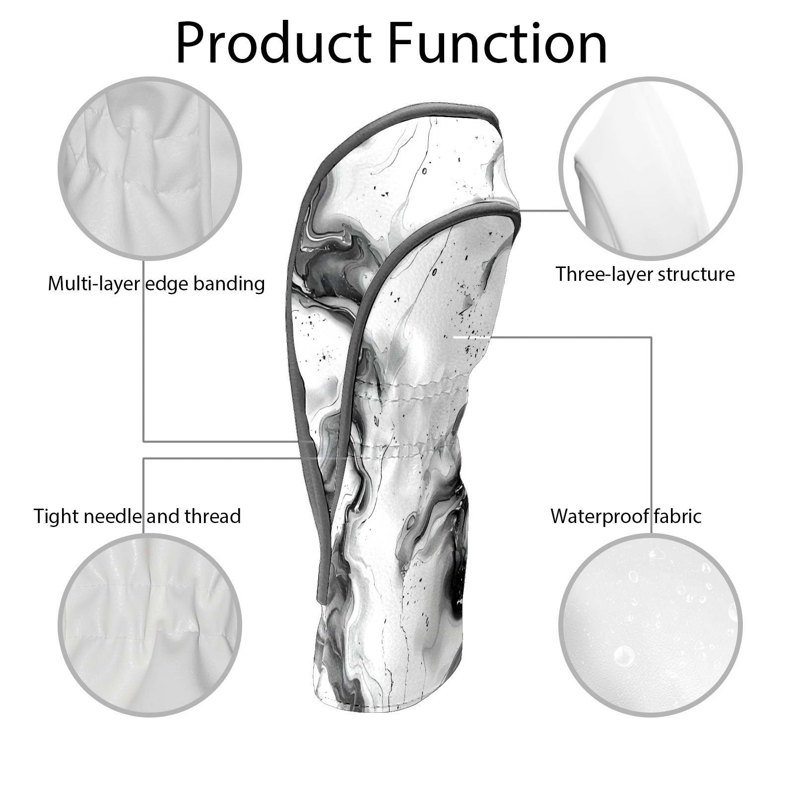 Golf Club Covers, Black White Ink Swirl Premium PU Leather Driver Hybrid Putter Head Covers with Velvet Lining, Waterproof Golf Gifts for Men Women