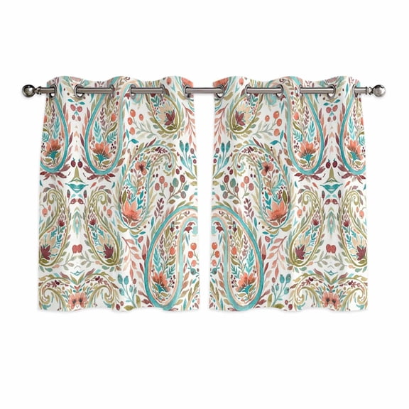 Boho Flower Kitchen Curtains Window Panels, Spring Watercolor Botanical Paisley Floral Leaf Insulated Window Treatment Curtain, Grommet Curtains for Bedroom/Living Room/Bathroom, 2 Piece 42"Wx54"L