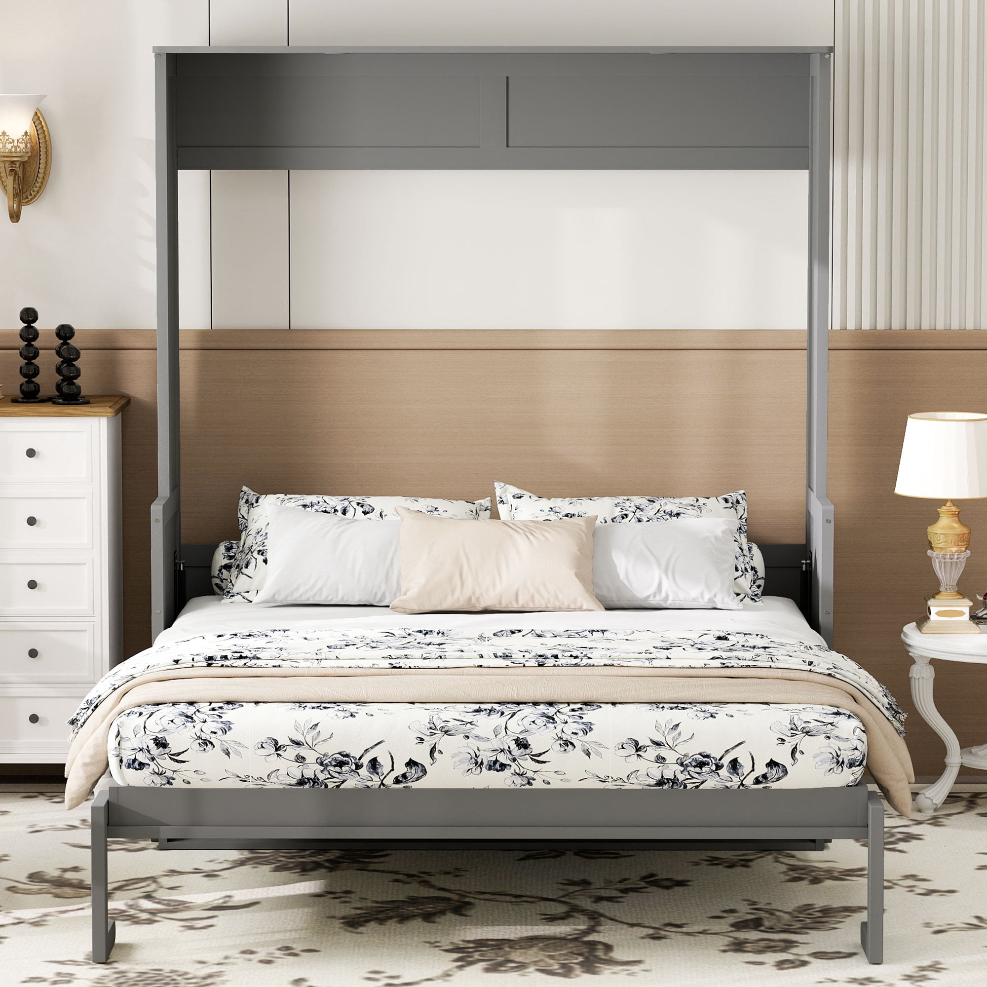 Mintazer Queen Size Murphy Bed with Desk and LED Lights & USB Charging Station, Modern Foldable Bed for Bedroom Apartment Guest Room, Gray