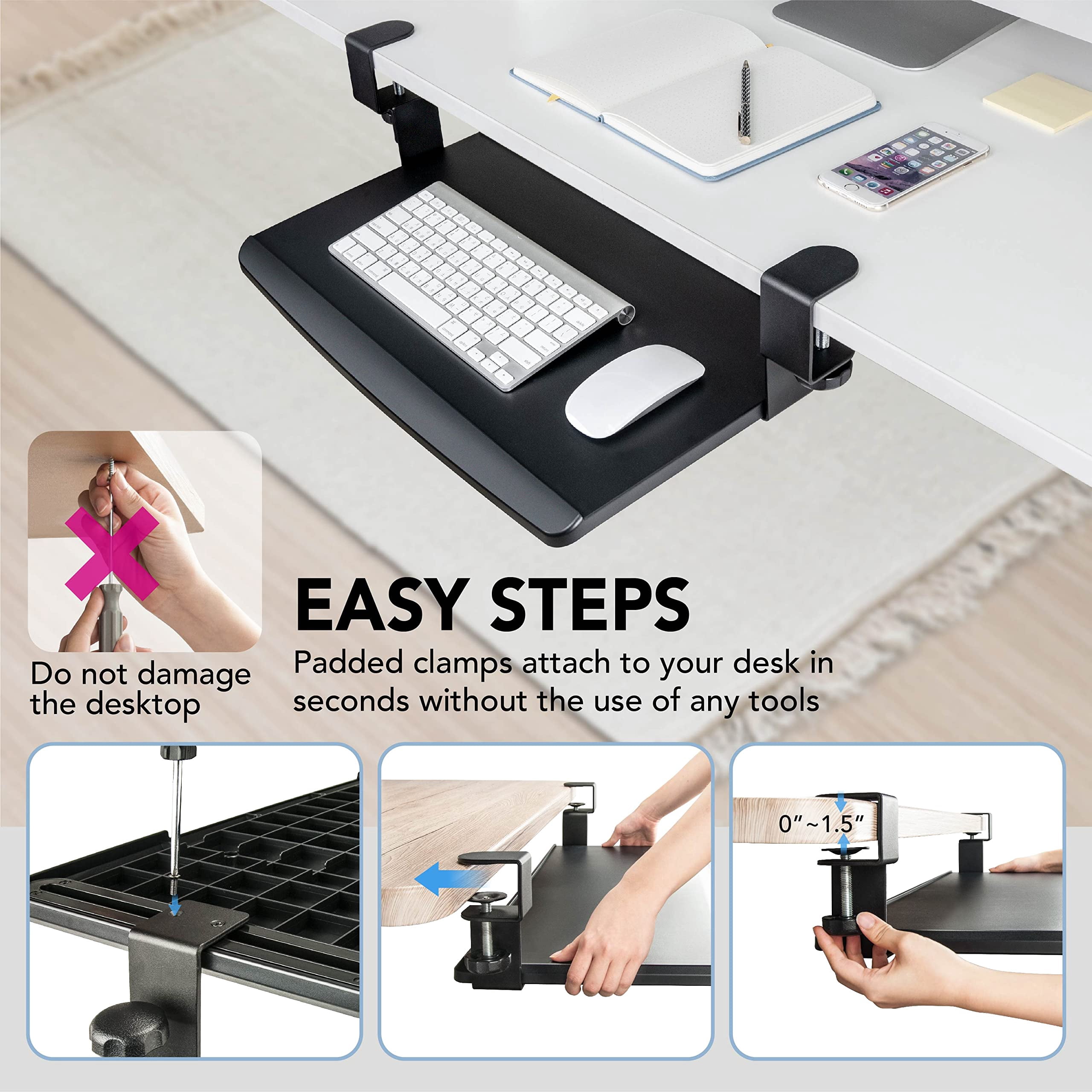 Prime Desk Clamp Tray  Under Sliding Retractable Drawer Space-saving Platform For Standard Keyboards Large 20" X 11.5" Workstation Extension