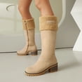 thumbnail image 2 of Pandaie Winter Boots for Women Chunky Heel Suede Snow Knee High Boots Comfortable Fleece Lined Pull on Warm Outdoor Shoes Beige 5.5, 2 of 8