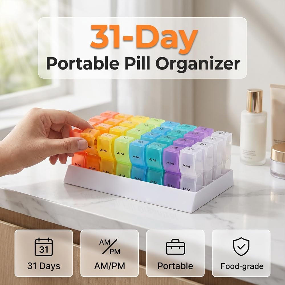 Monthly Pill Organizer 31 Day, 2026 Upgraded Large Portable Travel Pill Box, 30 Day Pill Case Small Compartments to Hold Vitamin and Travel Medicine Organizer, Daily Pill Case