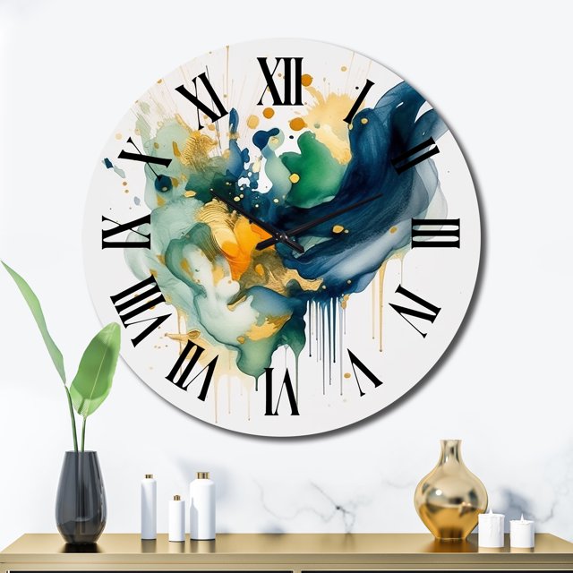 Designart "Azure, Teal, et Or" Horloge Murale Surdimensionnée