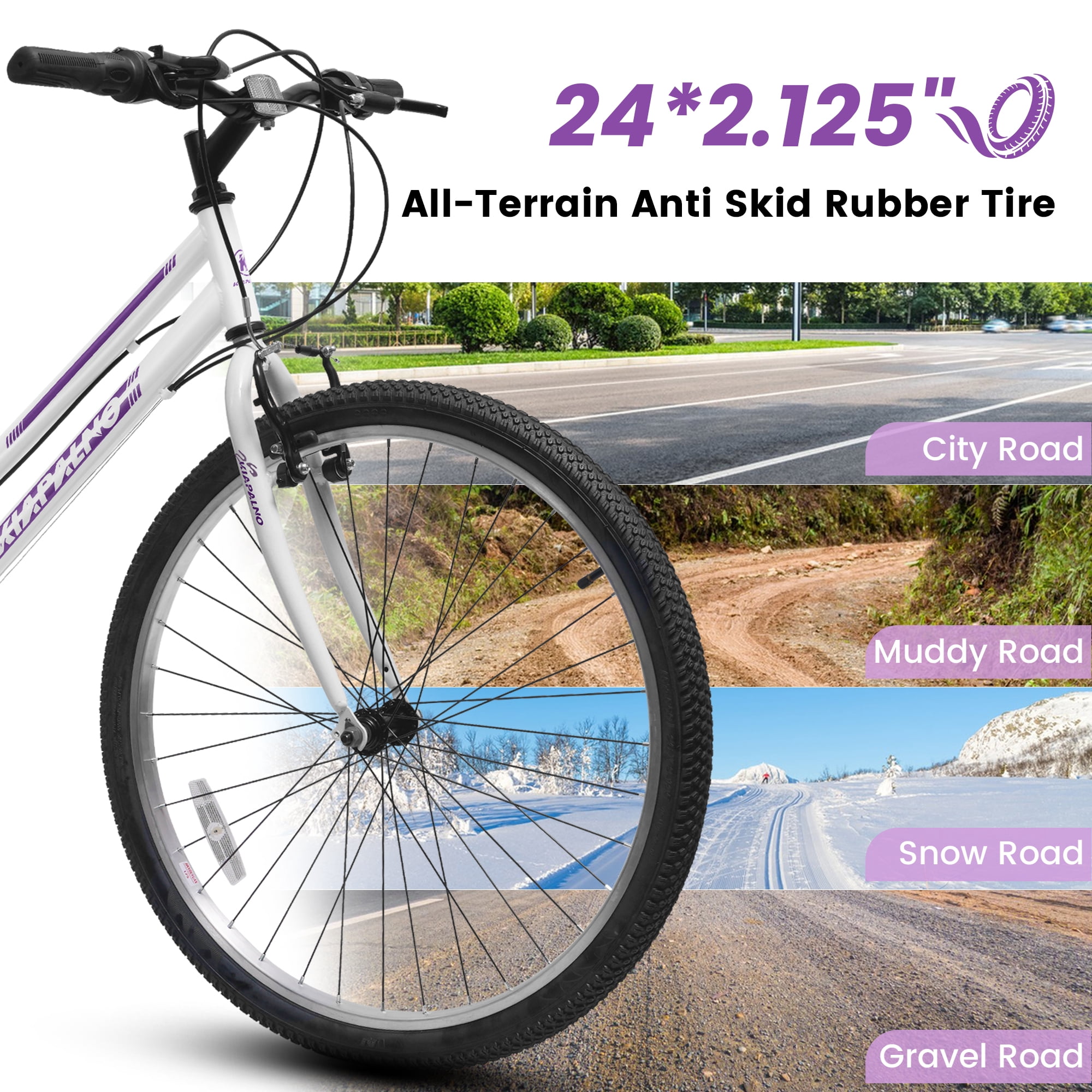 24 Inch Mountain Bike for Girls Women, 21 Speed Mountain Bicycle with V-Brake and Carbon Steel Frame, Female Commuting City Bike to School Work, White