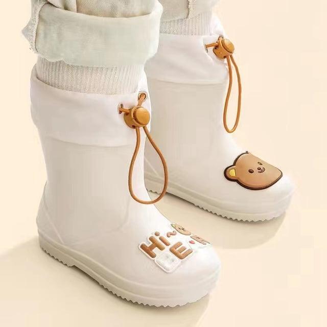 Botas de lluvia para niños, antideslizantes, impermeables, botas de lluvia, puerto de viga, zapatos de agua para estudiantes de dibujos animados para niños y niñas con cordón, oso blanco de arroz 16