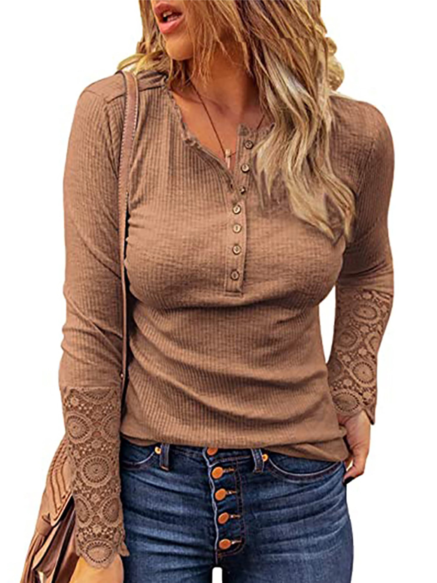 IHOT Womens Ribbed Knit V Neck Henley Tunic T-Shirt Lace Short Sleeves Button Shirts Slim Fit Casual Blouses Tops