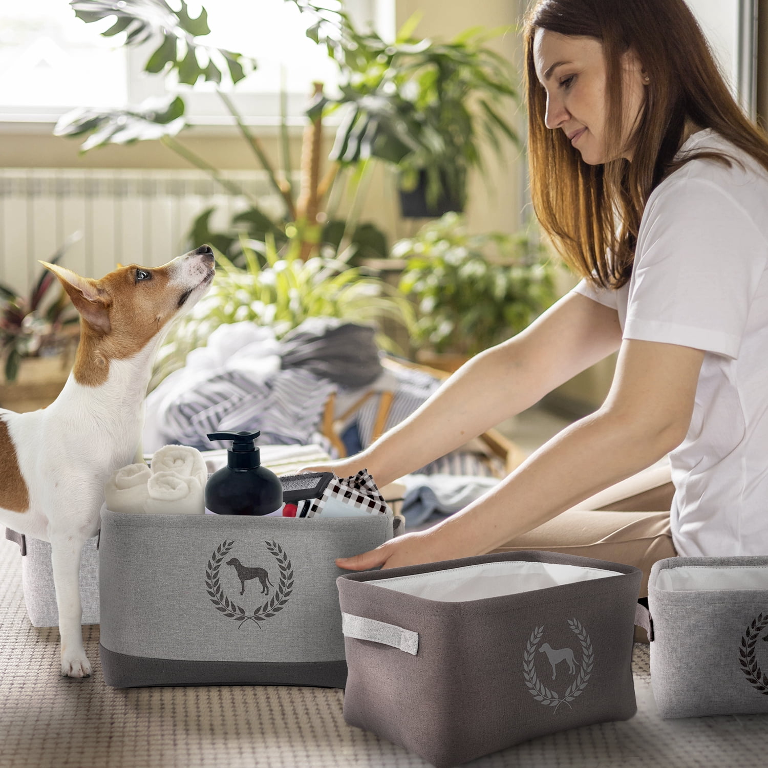 Precious Tails Linen Dog Crest Storage Bin 3 Pack Set for Dog/Cat