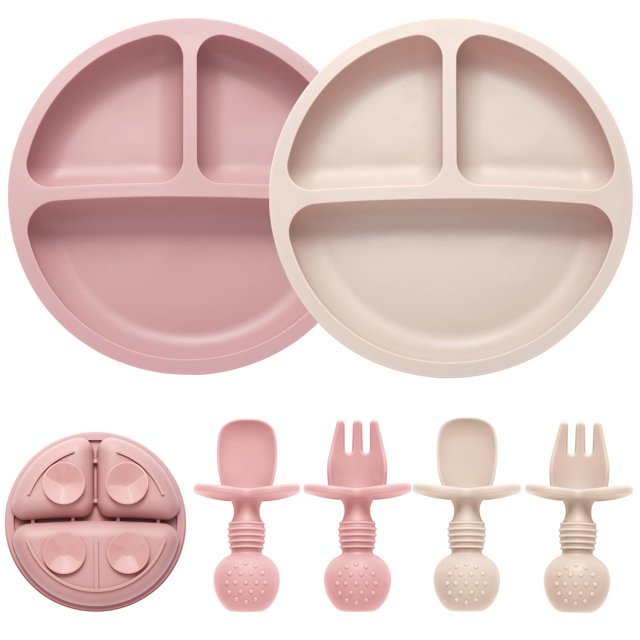 Set de alimentación Eascrozn de silicona con 2 platos divididos para niños pequeños con ventosa