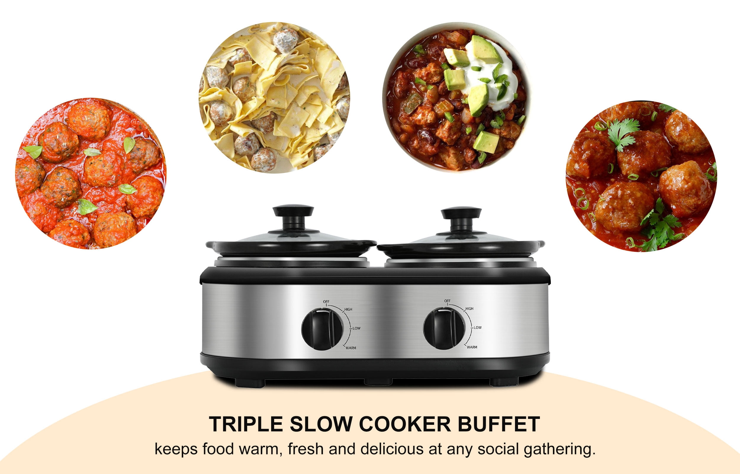 Superjoe Triple Slow Cooker, 3x1.5 Quart Electric Slow Cooker Buffet Server,  Food Warmer Cooking Pot, Adjustable Temp Removable Ceramic Pots Lid Rests 